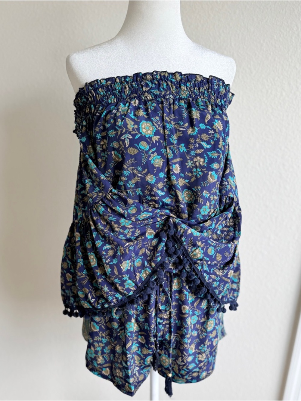 Anthropology RAGA Blue Floral Boho Romper Off Shoulder Pom Pom Trim Size S